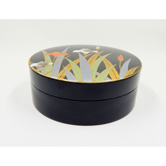 Otagiri Laquerware Coasters Iris Floral Set of 6 Black Orange MCM Made In Japan - Picture 3 of 12